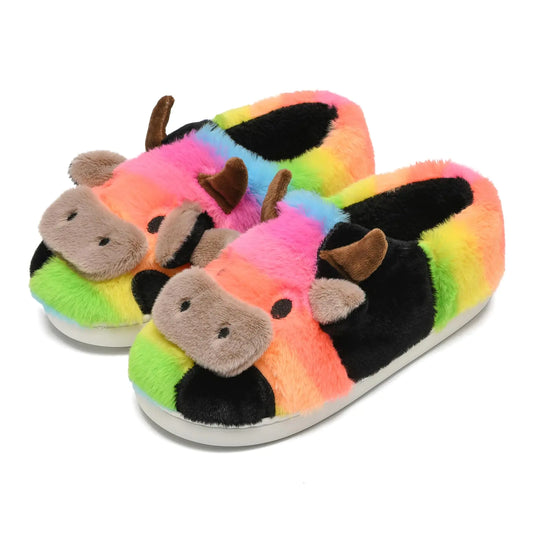 COVS Cow Slippers for Women and Men，Rainbow Cow Slippers Animal Slippers for Women Wrapped Heel Fuzzy Slippers Size 10