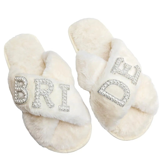 VOPHIA Fuzzy Bride Slippers Bride Gifts for Bridal Shower Cross Band Slippers Soft Wedding Slippers (Small)